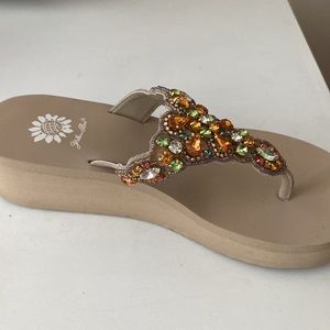 Yellow Box Sandal Flip Flop with Multi Colored Jewels. Brand New.
